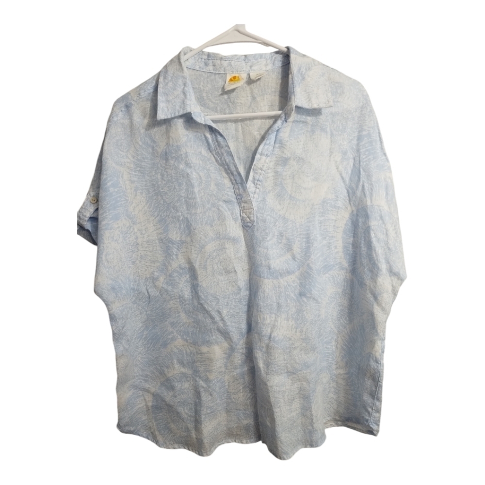 C&C California 100% Linen‎ V Neck Collared Popover Casual Vacation Blouse Sz M